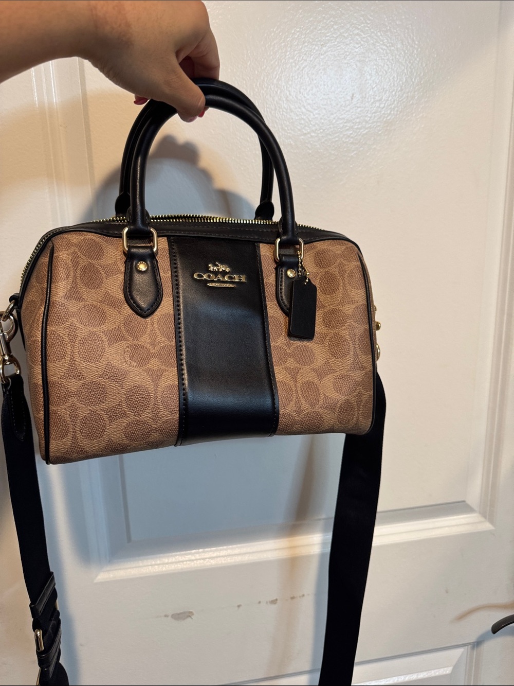 Coach Brown Signature Canvas Satchel with Black Leather Trim